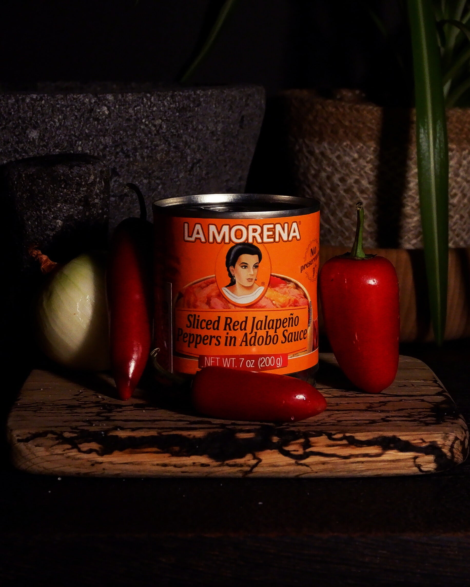 Red jalapeno slices in adobo sauce La Morena